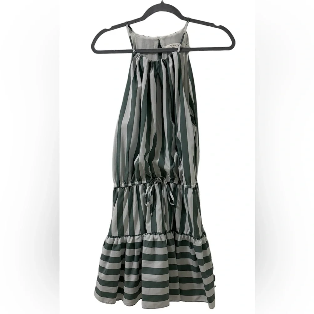 Mustard Seed sleeveless dress with tie. Green and white stripes. - Picture 1 of 2